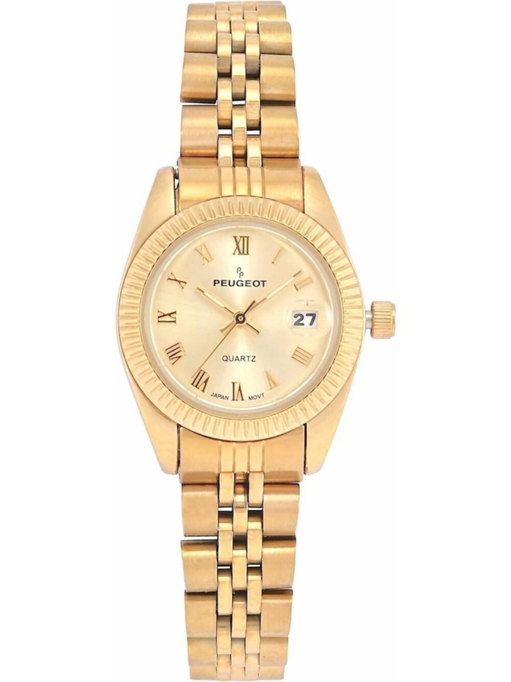 Luxury 14K Gold Plated Women's Wrist Watch, Fluted Bezel, Date Window, Elegant